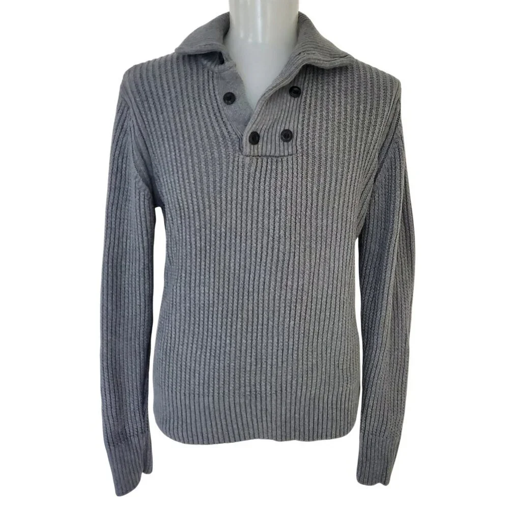 Matinique Henley Funnel Neck 100% Cotton Heavy Cable Knit Sweater Gray Size L